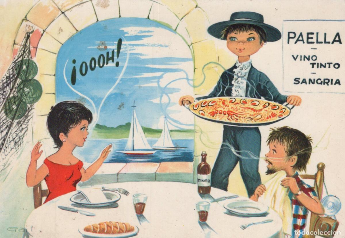 Postcards: Espa&ntilde;a Ibiza Personajes Sirviendo Paella Con Vista Al Mar *YAF853