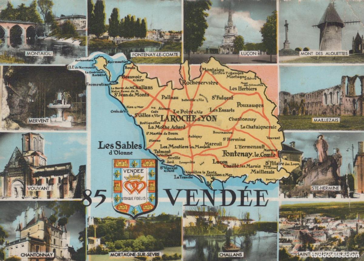 Postcards: France Vend&eacute;e Vues Multiples Avec Carte de la R&eacute;gion Ch&acirc;teaux &Eacute;glises *YAF869