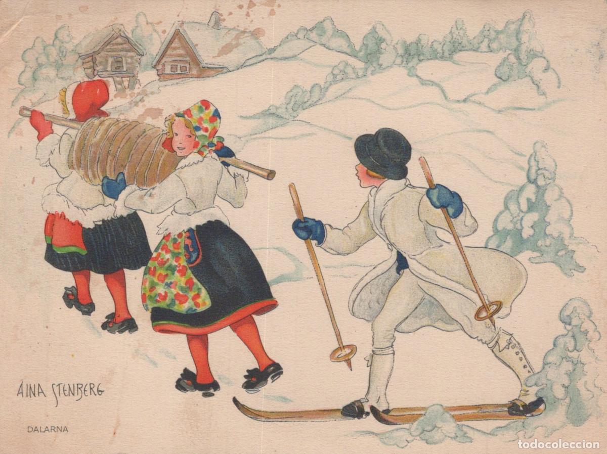 Postales: Sweden People Traditional Dress Skiing Winter Scene *YAF977