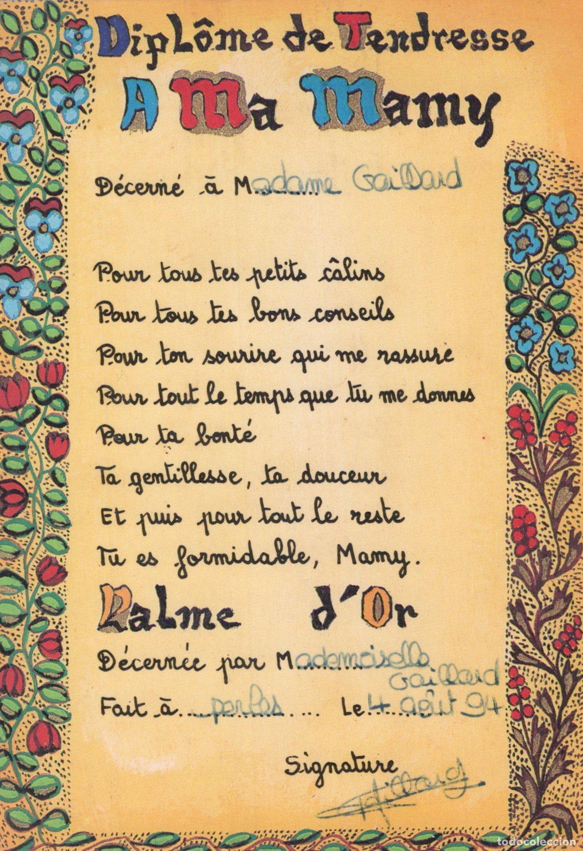Cartes Postales: France Paris &Icirc;le de Dipl&ocirc;me Tendresse Pour Mamy D&eacute;cor&eacute; Floral Post&eacute; *YAG360