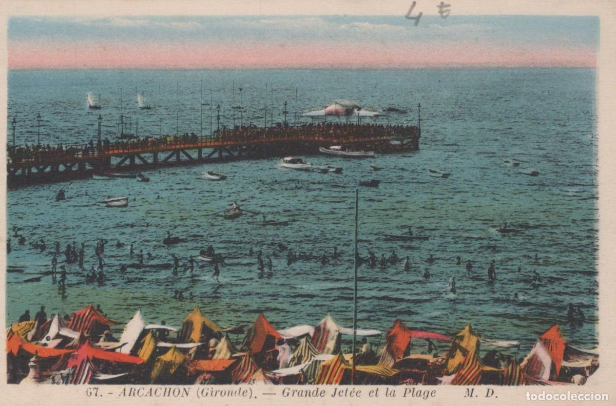 Postkarten: France Arcachon Grande Jet&eacute;e Plage Anim&eacute;e Baigneurs Unposted *YAG480