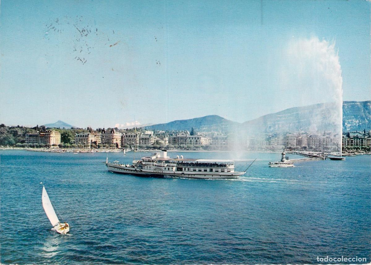 Postales: Postal de Ginebra, Suiza con Jet d'Eau y el Monte Blanc