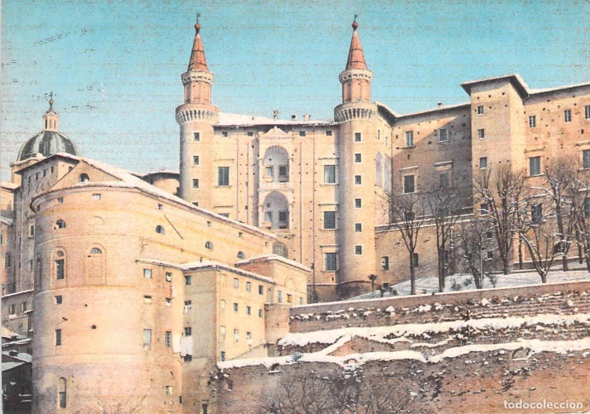Postales: Postal de Urbino con las torres del Palacio Ducal y publicidad m&eacute;dica