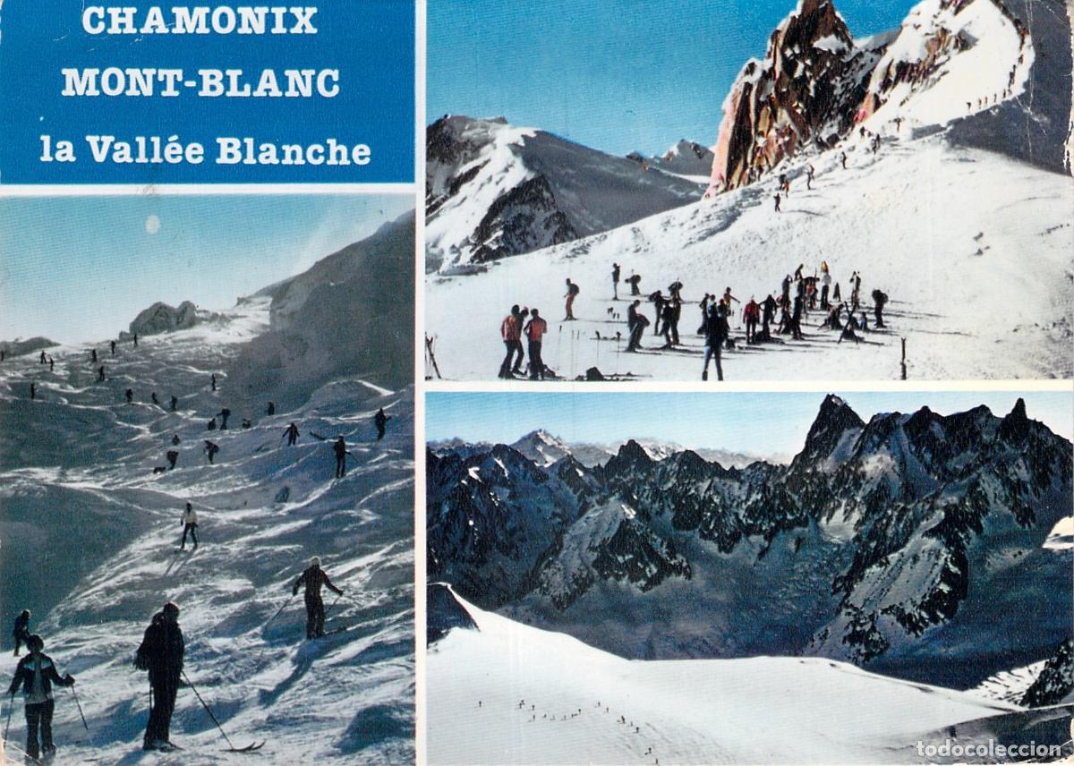 Postales: Postal de Chamonix Mont-Blanc y esquiadores en La Vall&eacute;e Blanche