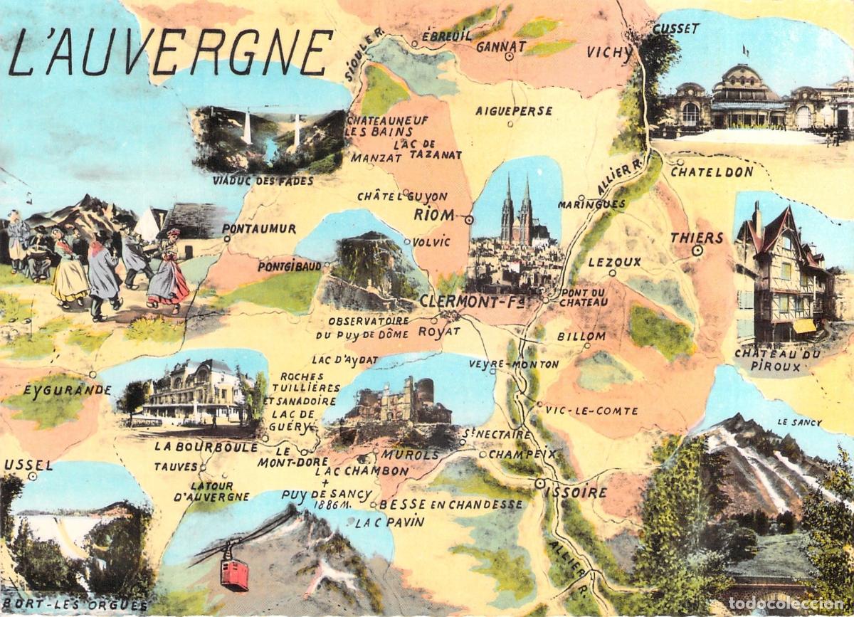 Postkarten: Postal de mapa regional de Auvergne con vistas tur&iacute;sticas destacadas