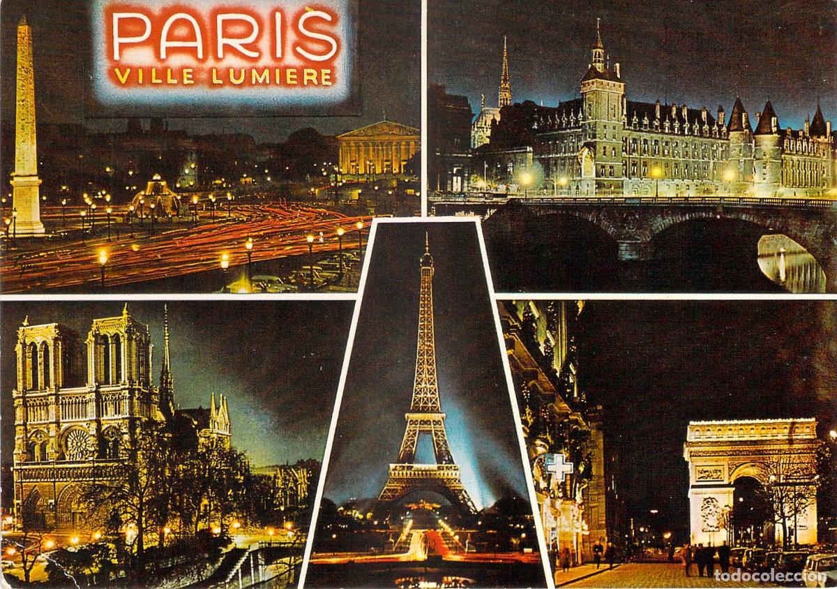 Postkarten: Postal de Par&iacute;s, Ciudad Luz, monumentos nocturnos