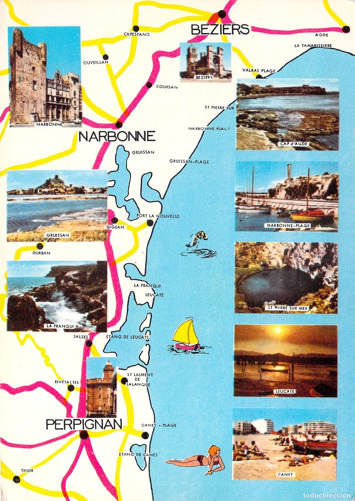 Postales: Postal de mapa regional de la costa francesa con m&uacute;ltiples vistas