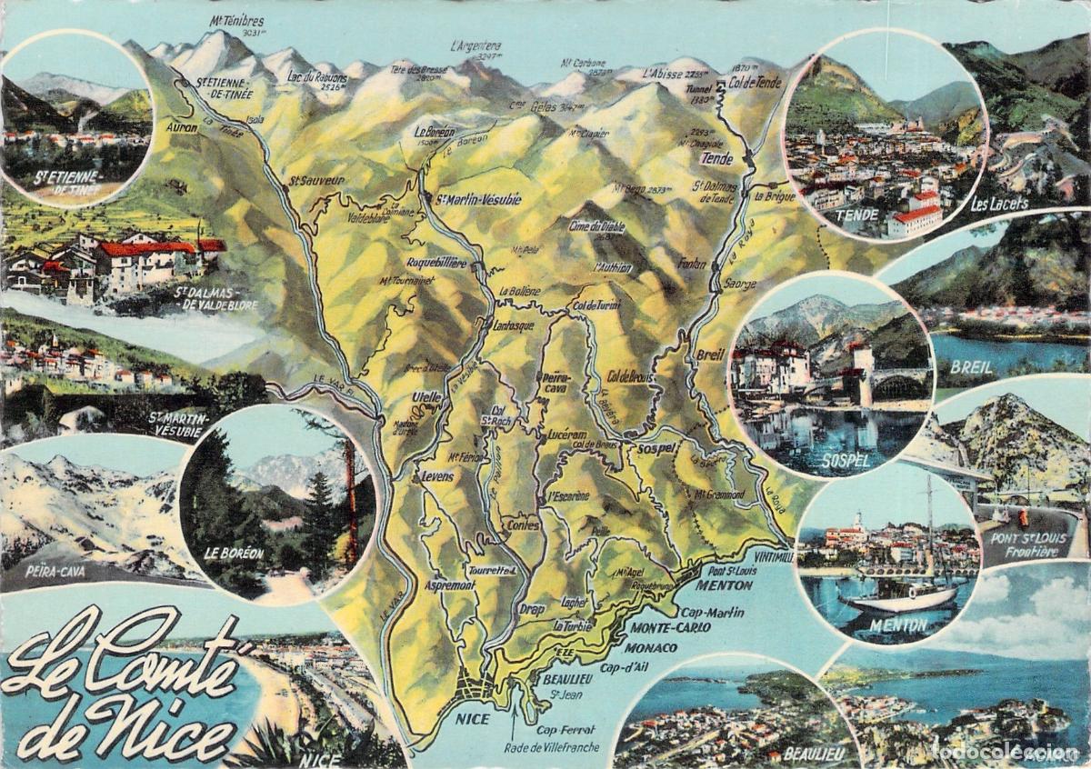 Postales: Postal de mapa geogr&aacute;fico y paisajes del Condado de Niza, Francia