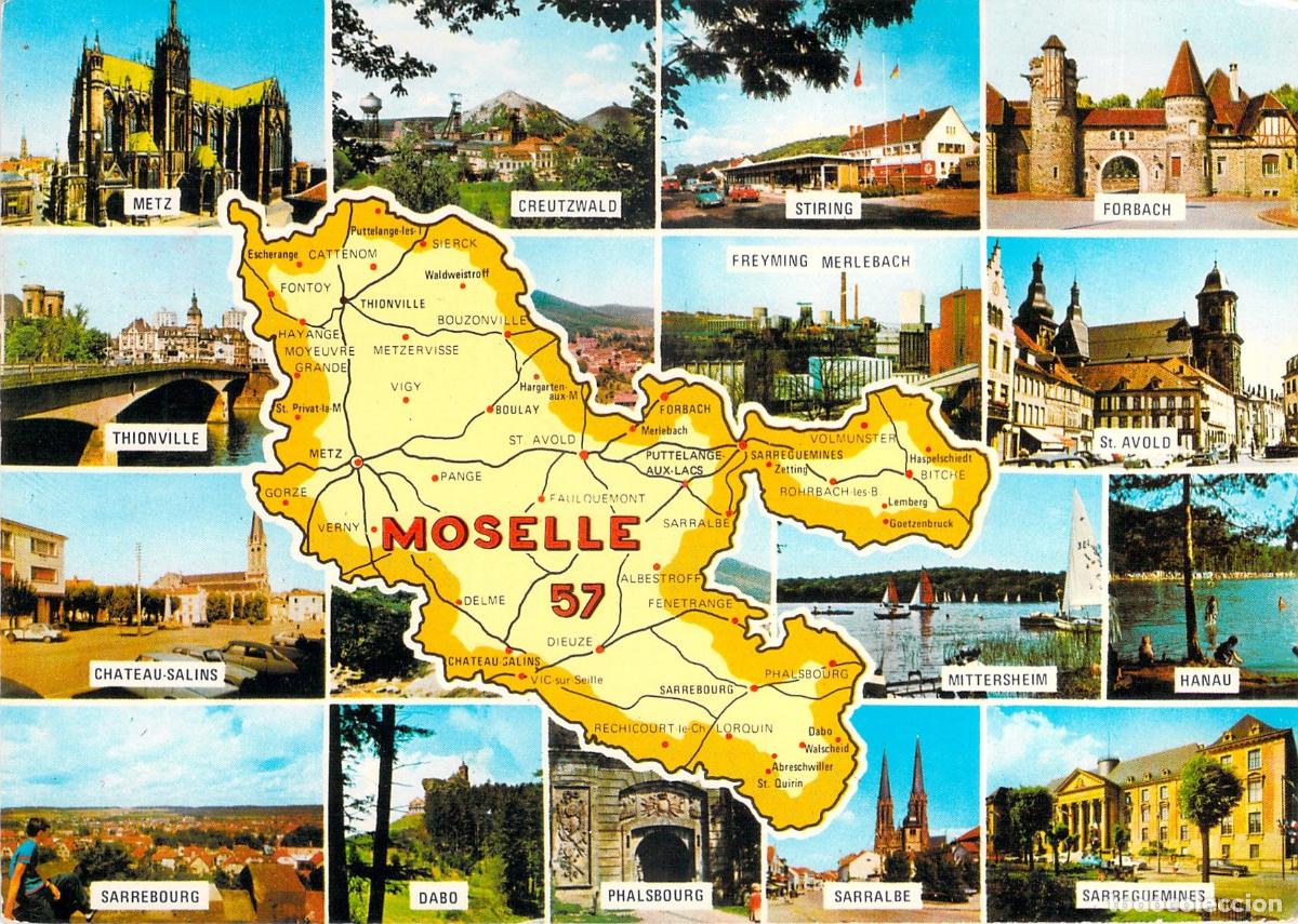 Cartoline: Postal de Francia con mapa del departamento de Moselle y vistas tur&iacute;sticas