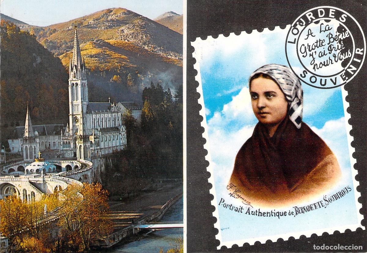 Cartoline: Postal de Lourdes, Bas&iacute;lica y Retrato de Bernadette Soubirous