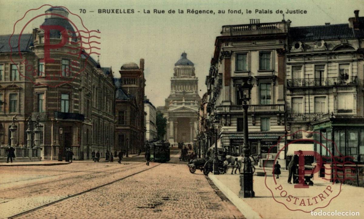 Cartoline: Bruxelles - rue de la r&eacute;gence, au fond, le palais de justice TRAM TRAMWAY BRUSSEL BRUXELLES belgique