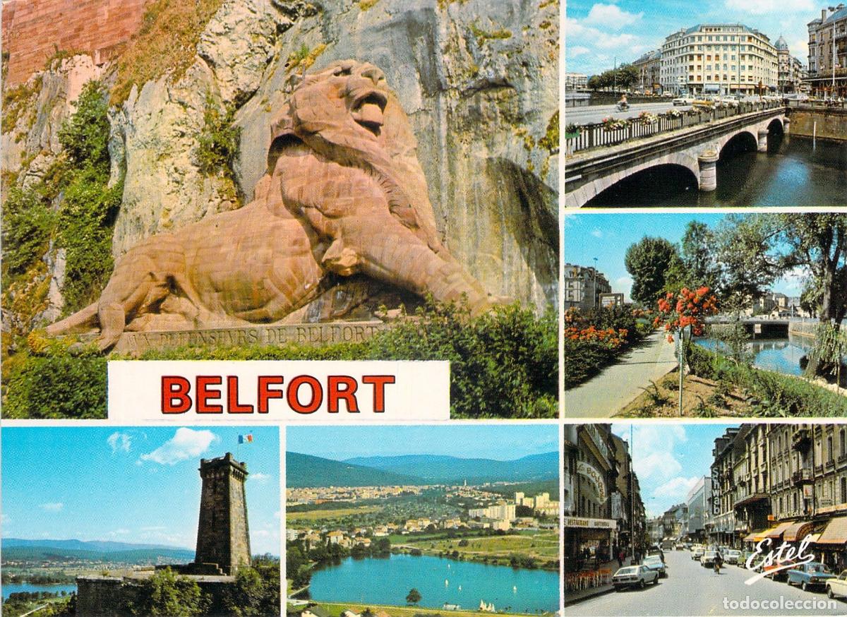 Postkarten: Postal de Belfort Francia con el Le&oacute;n de Bartholdi y vistas de la ciudad