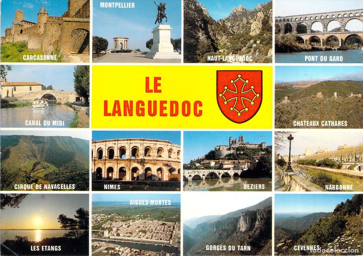 Postales: Postal de Languedoc Francia con vistas m&uacute;ltiples de monumentos y paisajes