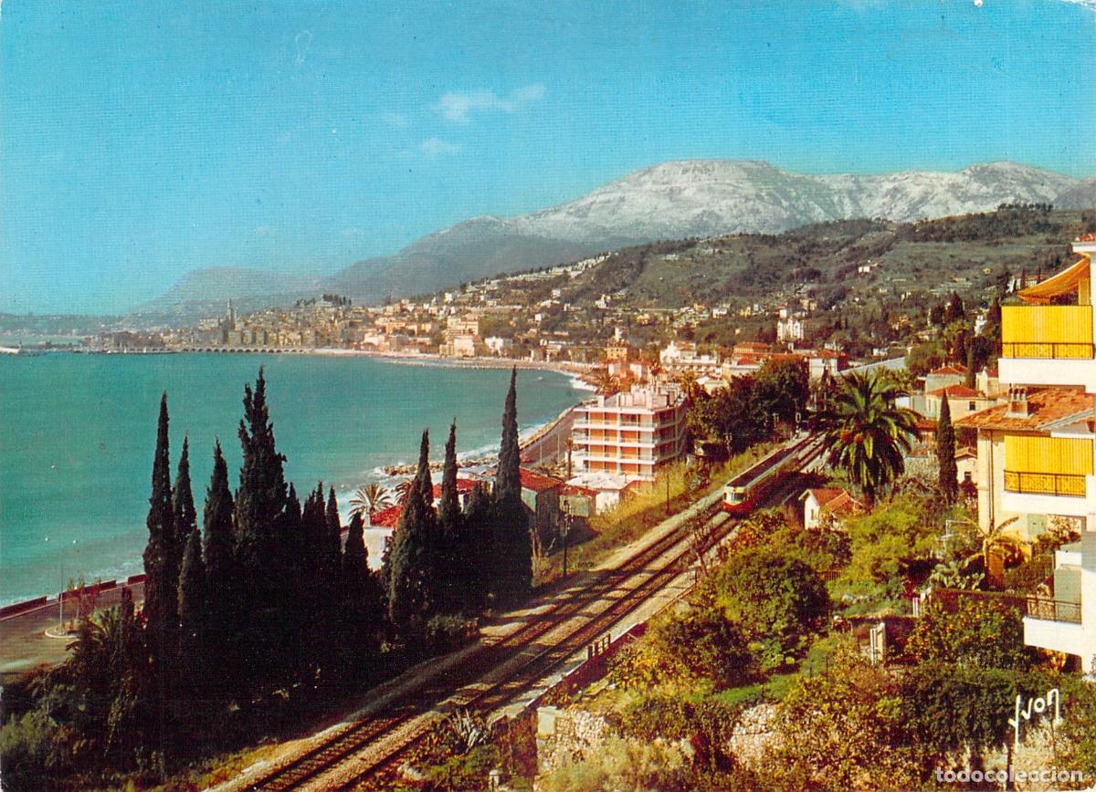 Postales: Postal de la Costa Azul en Menton con tren y paisaje