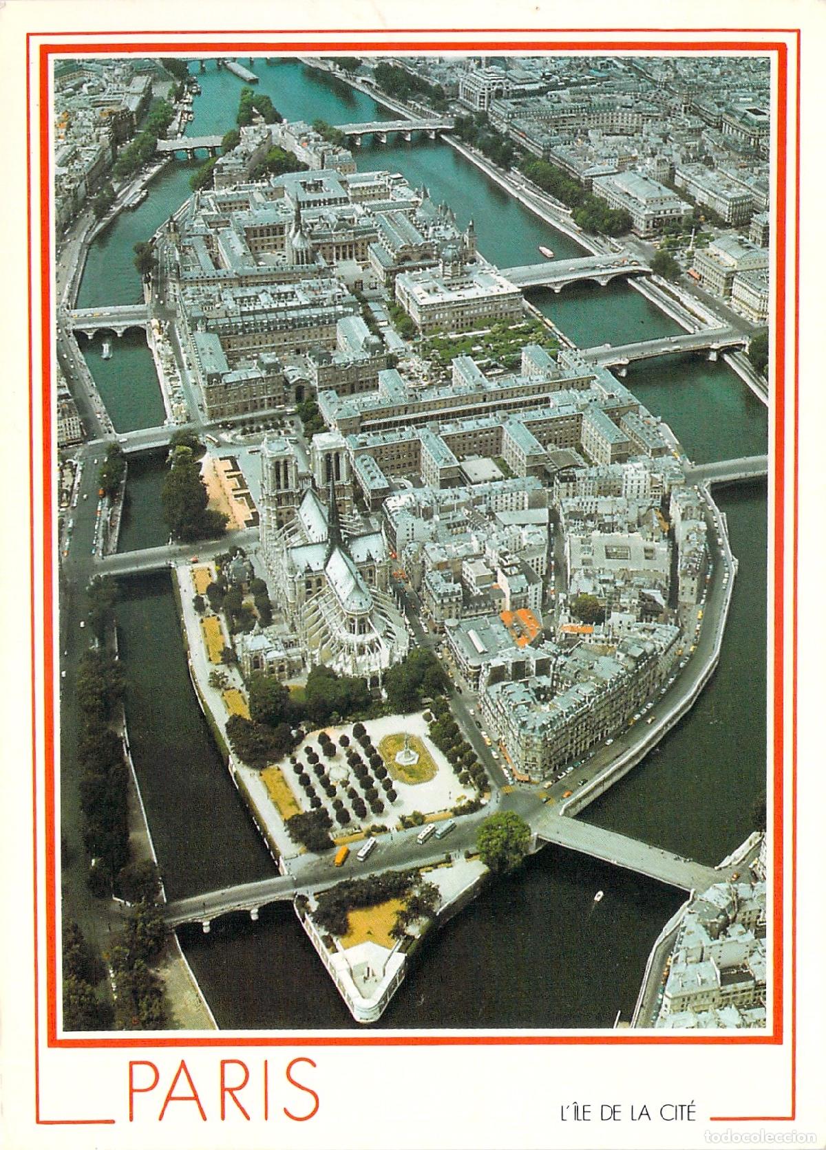 Postales: Postal de Par&iacute;s con vista a&eacute;rea de la &Icirc;le de la Cit&eacute; y la catedral de Notre-Dame