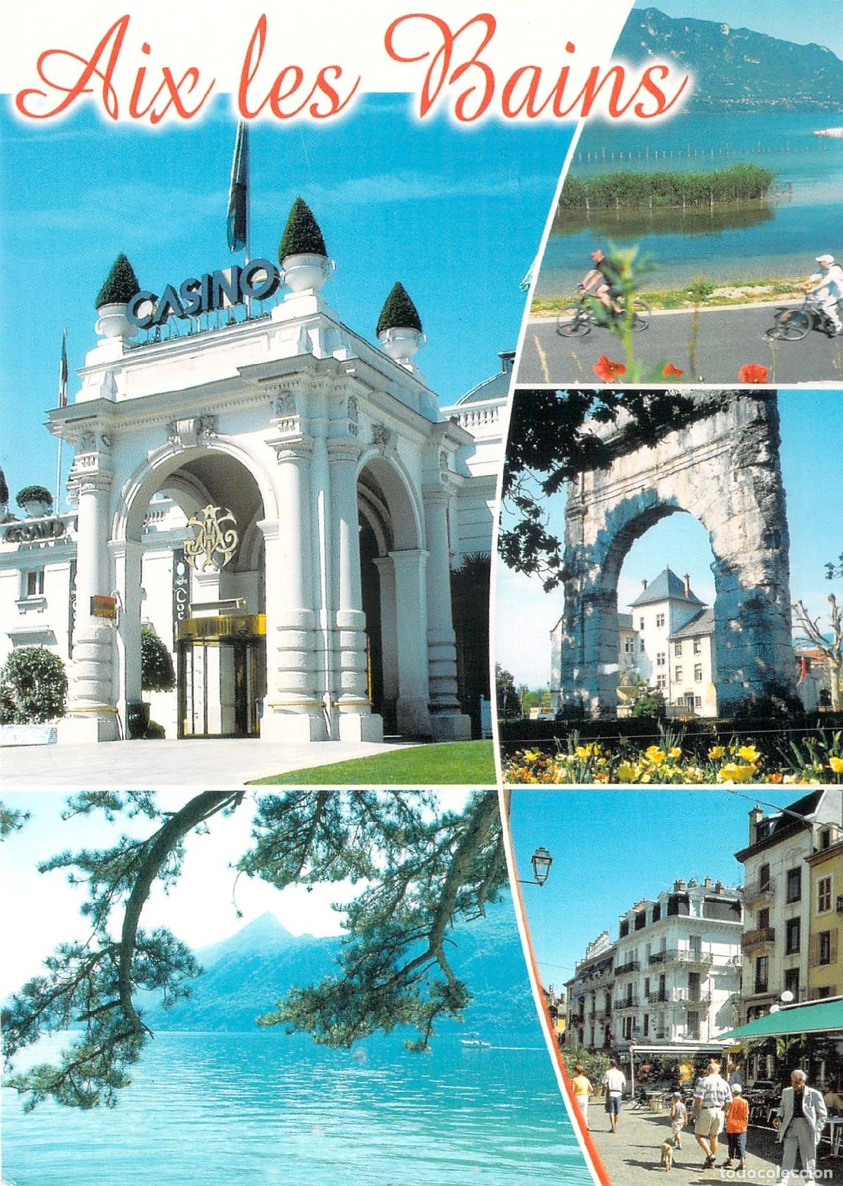Postales: Postal de Aix-les-Bains con vistas al Casino y Lago del Bourget