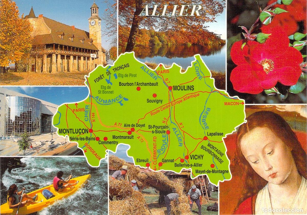 Cartes Postales: Postal de Allier Francia con mapa regional y lugares de inter&eacute;s tur&iacute;stico