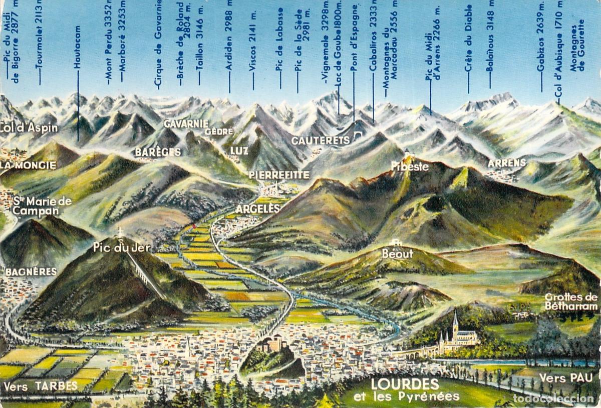 Postcards: Postal de Lourdes y los Pirineos, vista panor&aacute;mica ilustrada