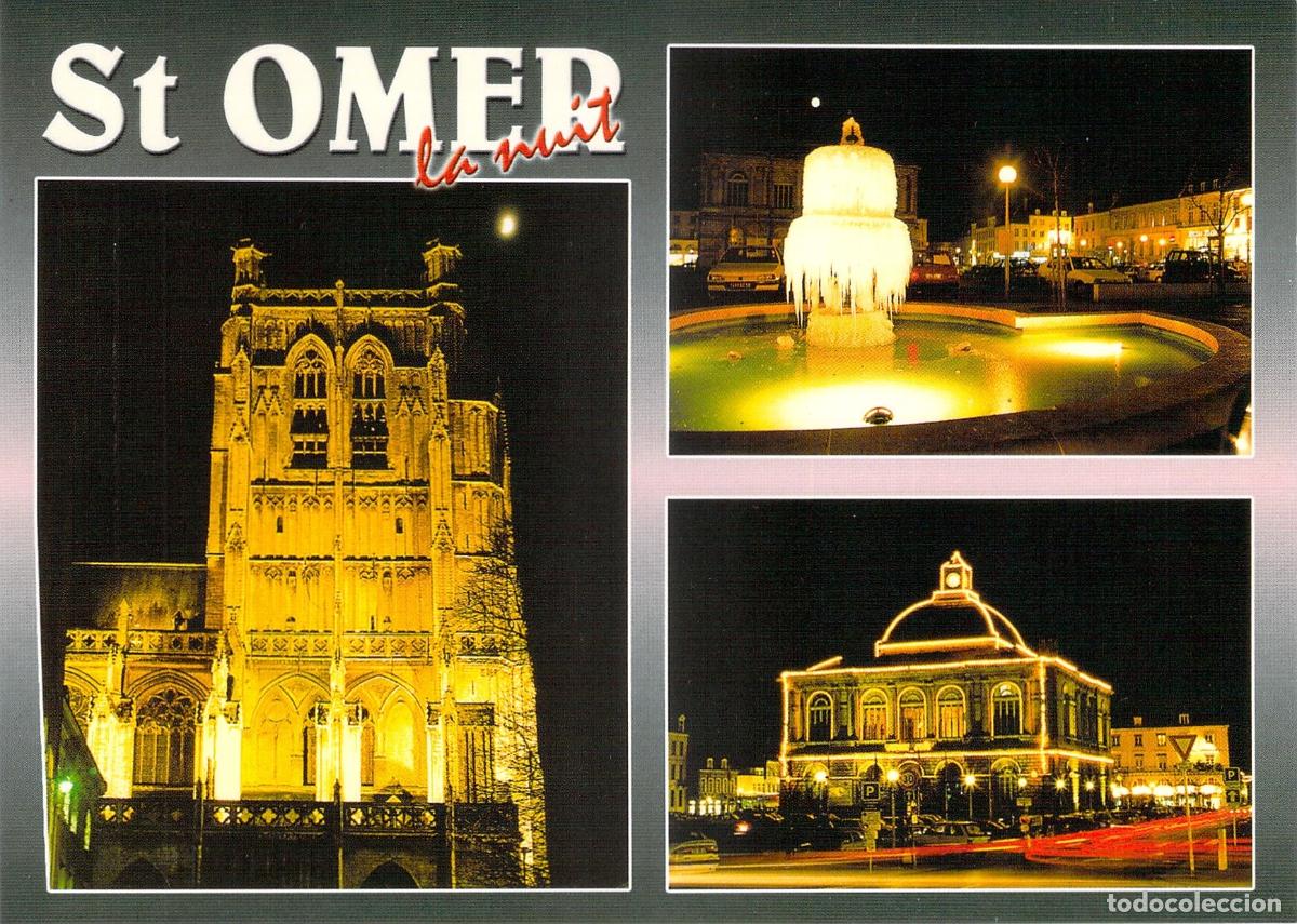 Postcards: Postal de Saint-Omer de Noche con Catedral y Fuente