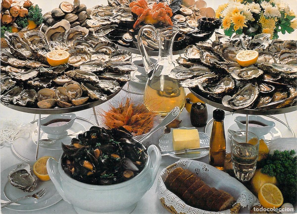 Postcards: Postal de banquete con gran fuente de mariscos y ostras frescas