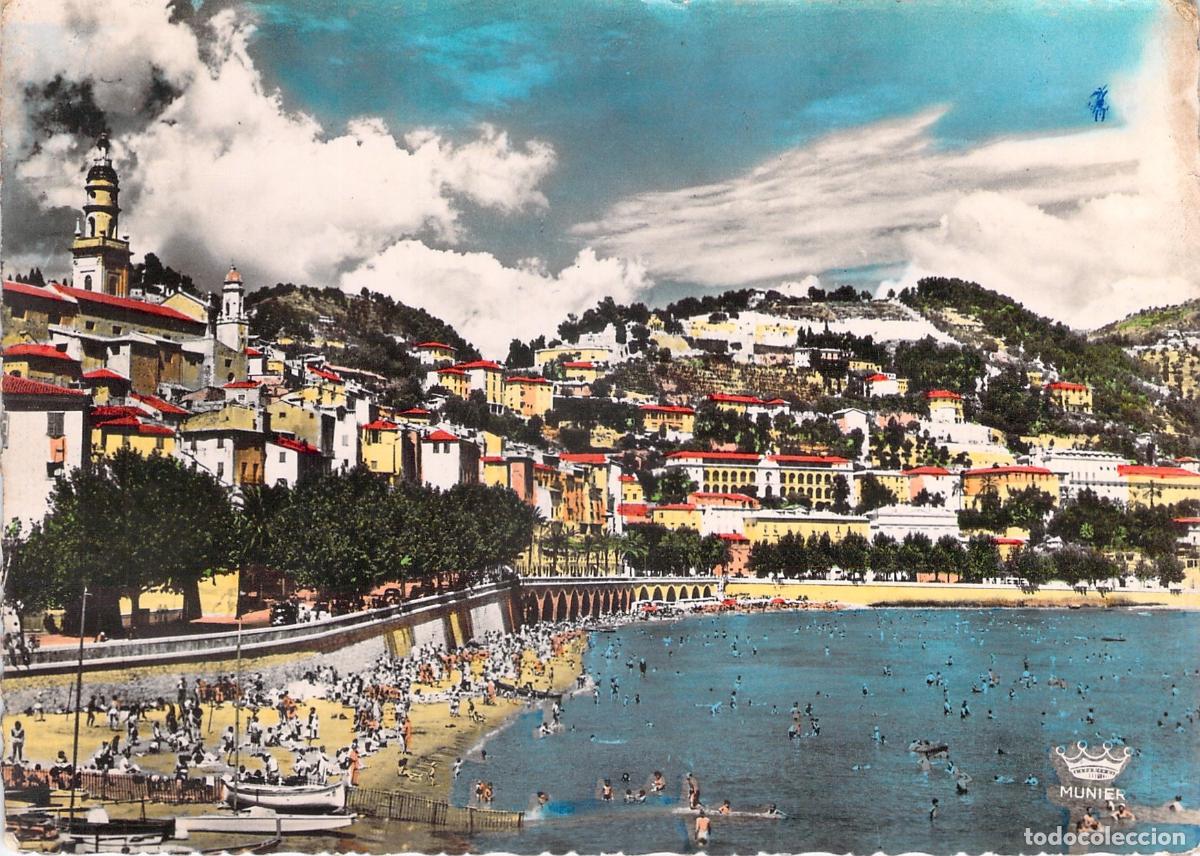 Postales: Postal de Menton: Casco antiguo, playa y muelle Bonaparte