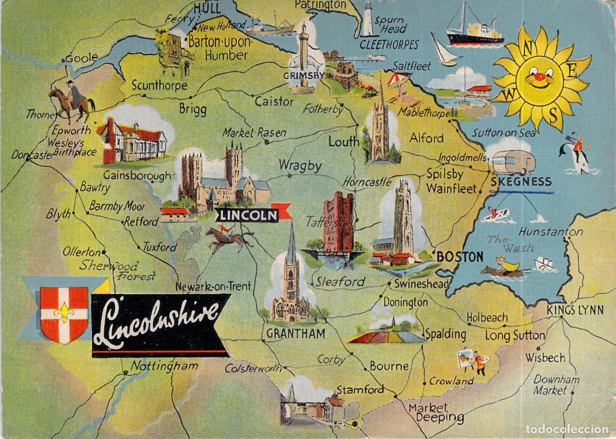 Postales: Postal ilustrada del mapa de Lincolnshire, Inglaterra