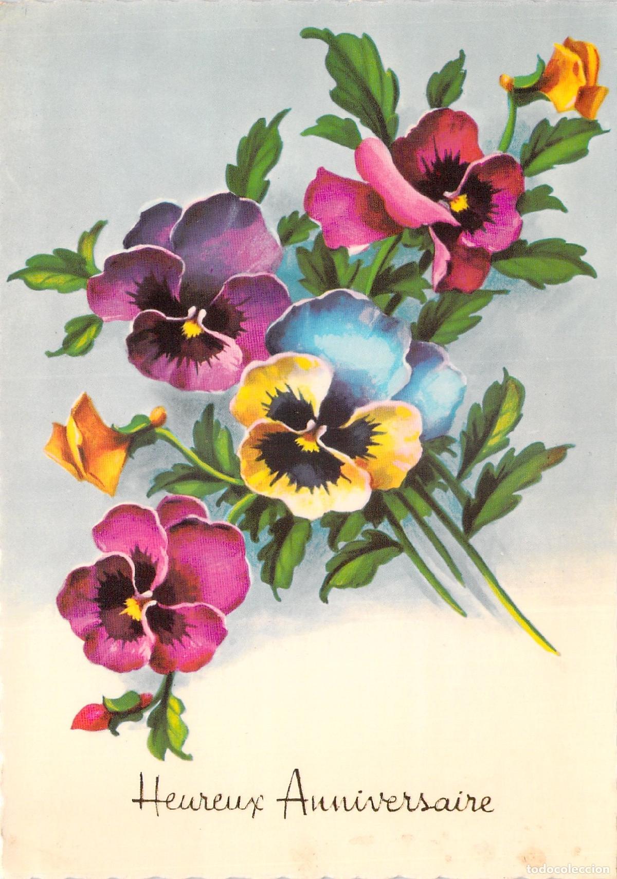 Cartes Postales: Postal con ilustraci&oacute;n de flores pensamientos para felicitaci&oacute;n de cumplea&ntilde;os
