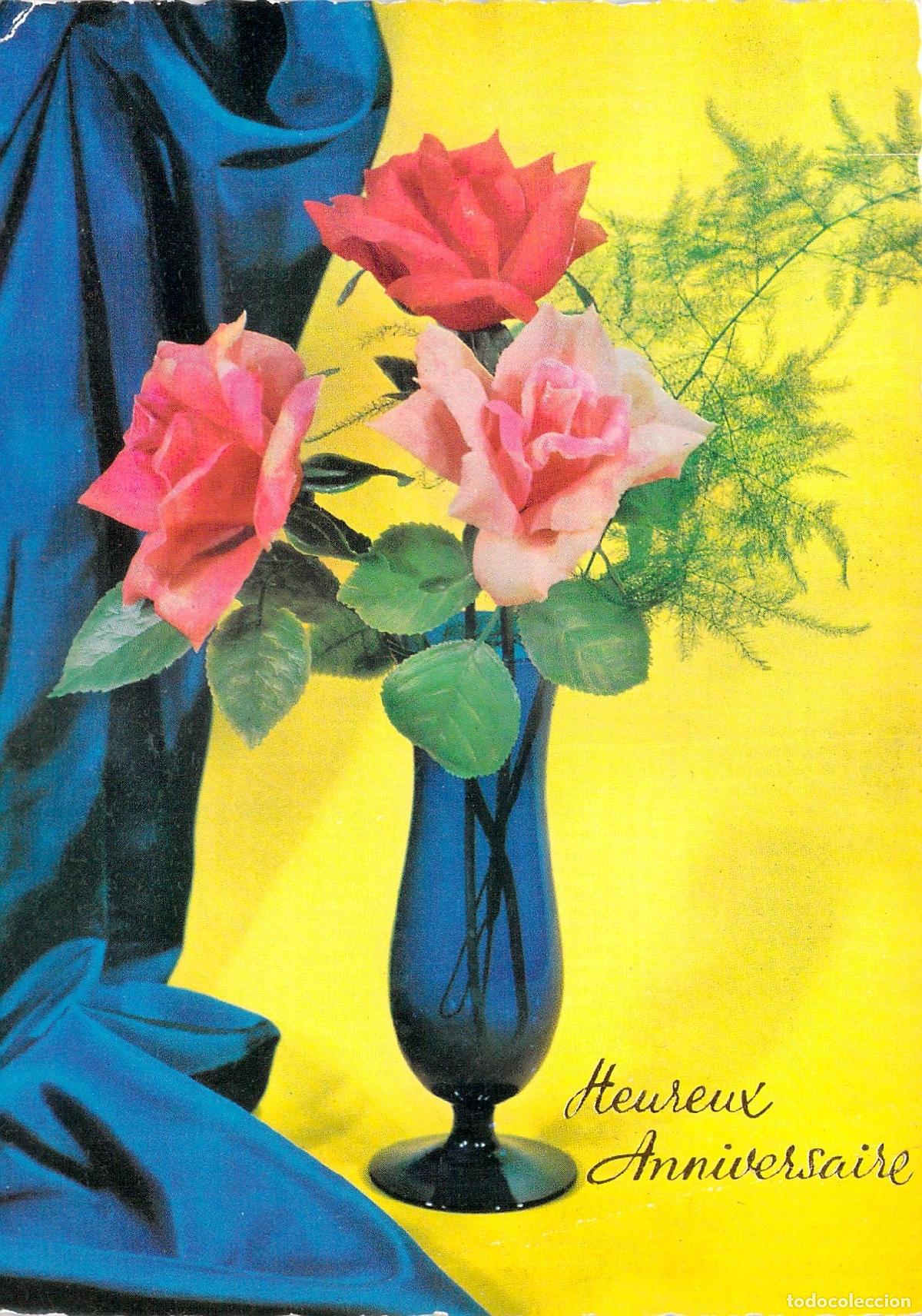 Postales: Postal de Feliz Cumplea&ntilde;os con Rosas en Jarr&oacute;n