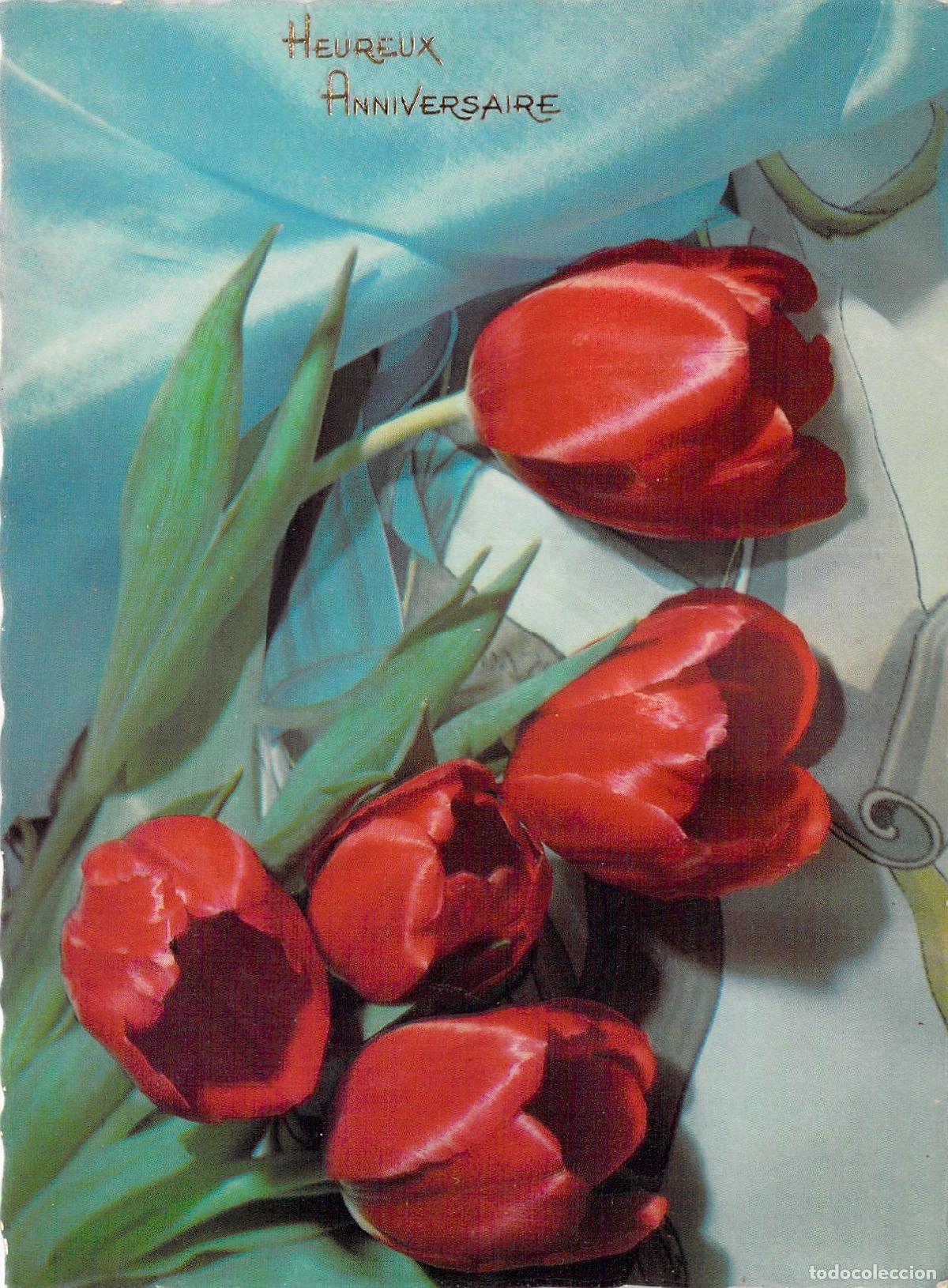 Postales: Postal con ramo de tulipanes rojos para felicitaci&oacute;n de cumplea&ntilde;os