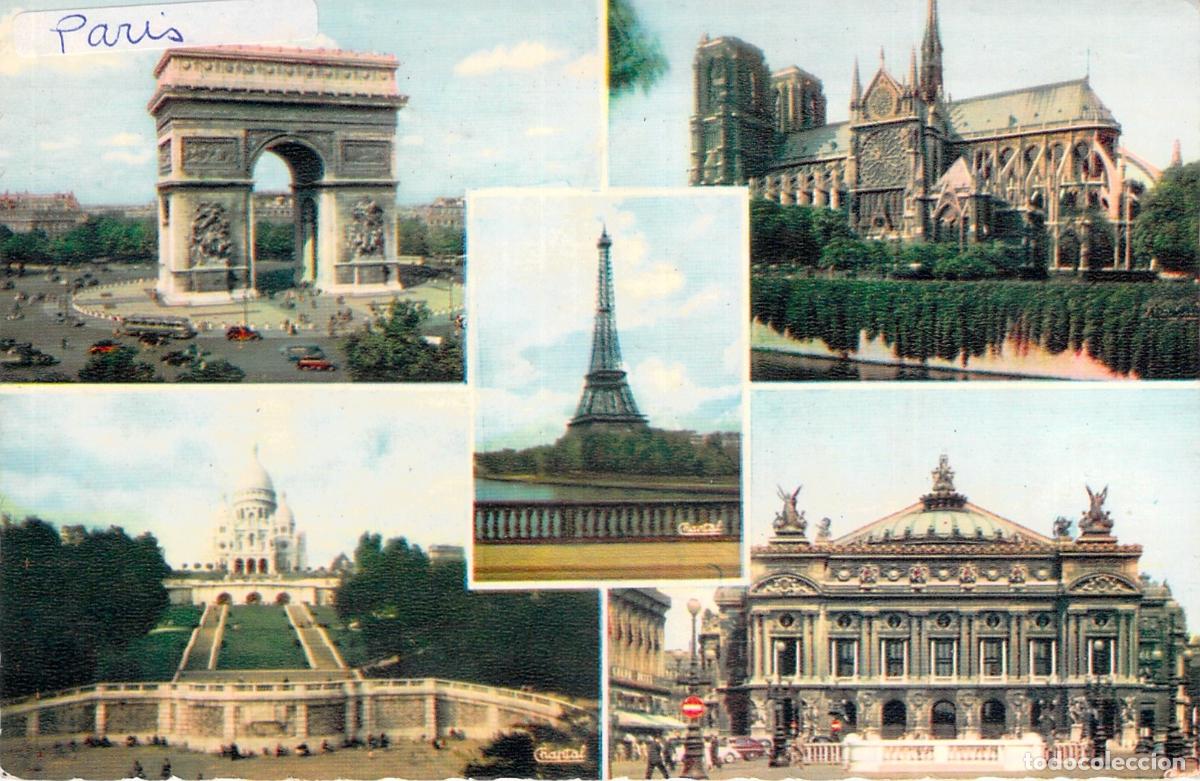 Postales: Postal de Par&iacute;s con collage de monumentos emblem&aacute;ticos