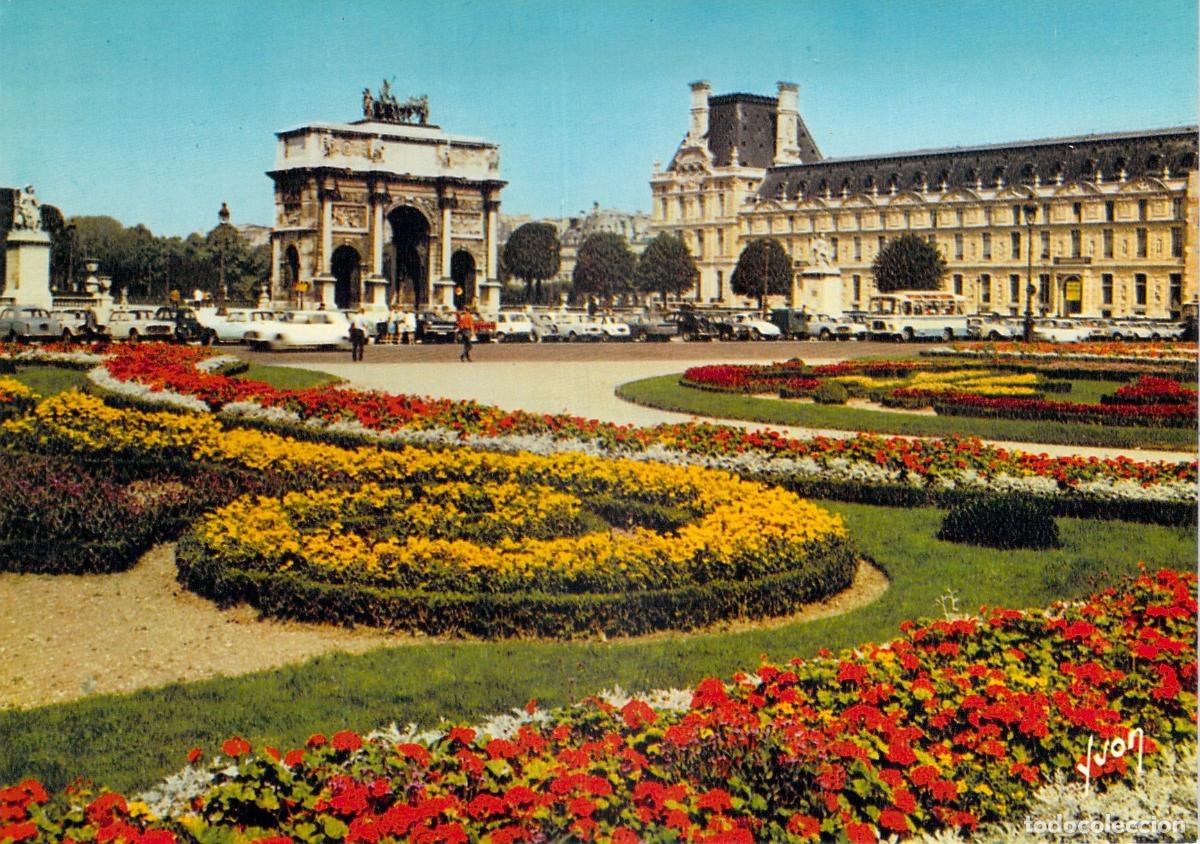 Postais: Postal de Jardines de las Tuller&iacute;as y Arco del Triunfo del Carrusel en Par&iacute;s