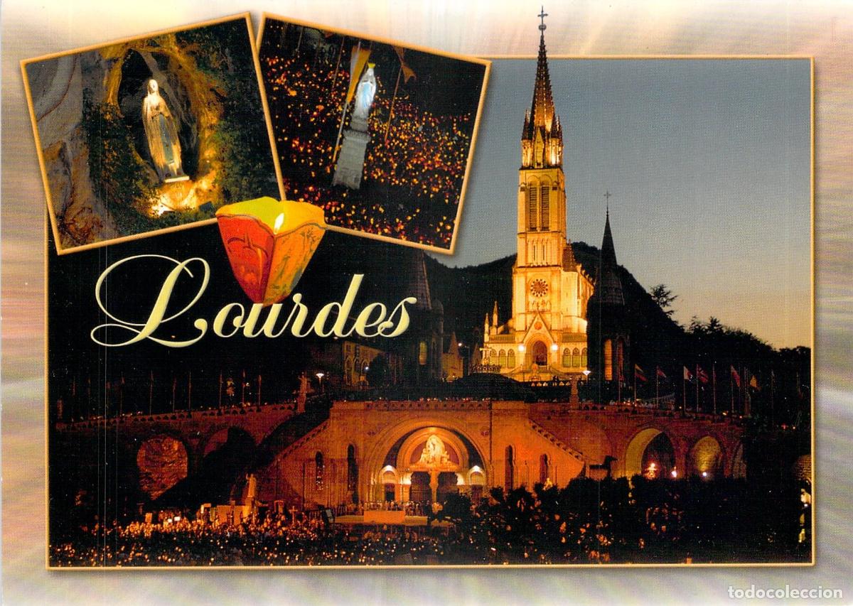 Postais: Postal de la Bas&iacute;lica de Lourdes iluminada con procesi&oacute;n de antorchas