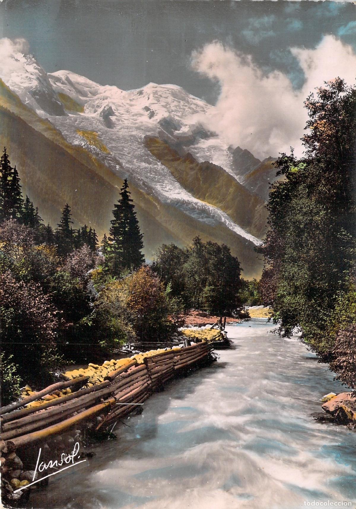 Postais: Postal de Chamonix, Mont Blanc y el r&iacute;o Arve, Francia