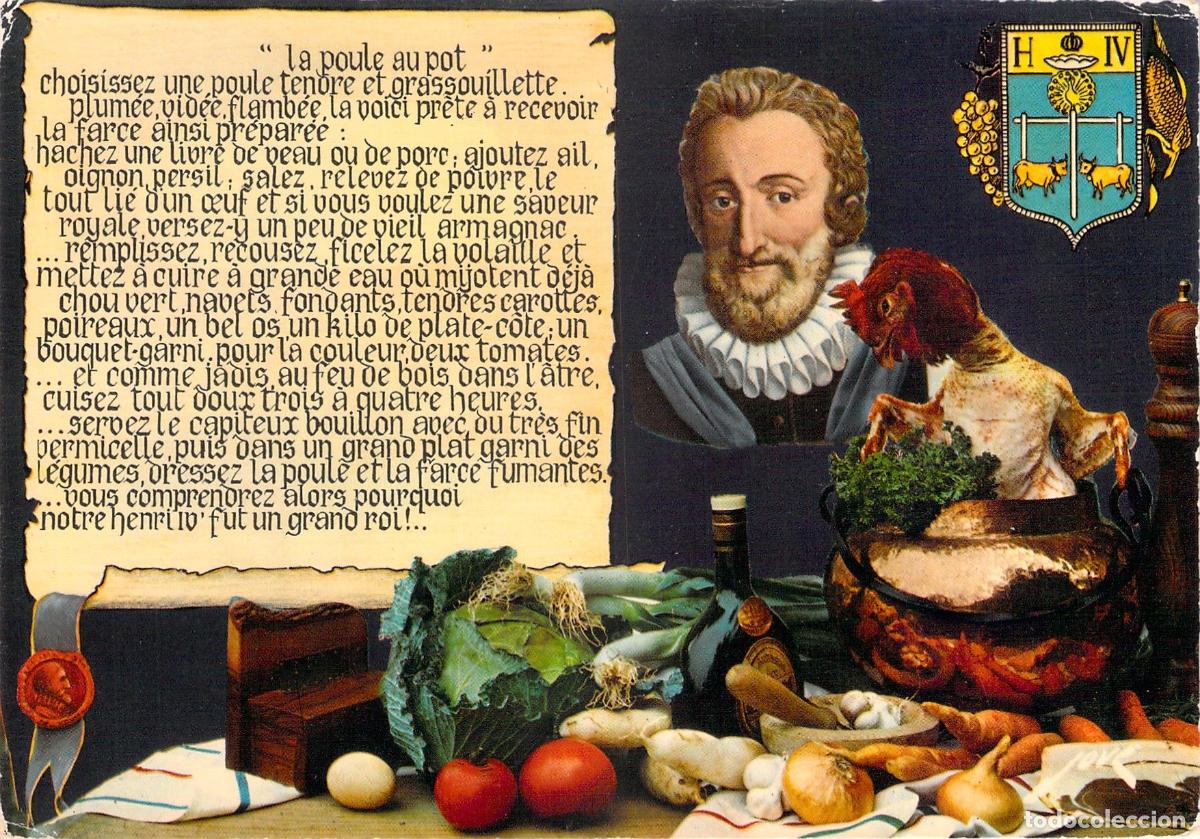 Postales: Postal con Receta de Poule au Pot y Retrato de Henri IV