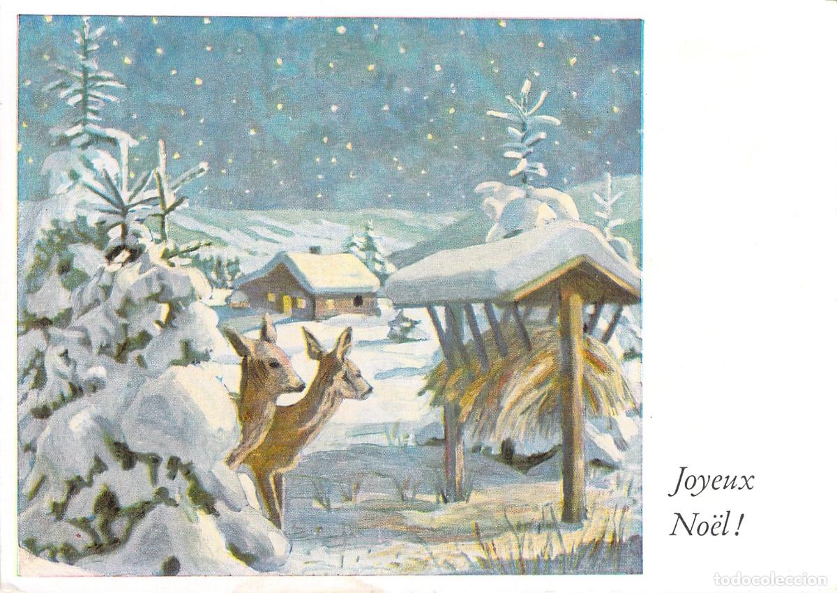Postales: Postal de Navidad con ciervos en paisaje invernal nevado