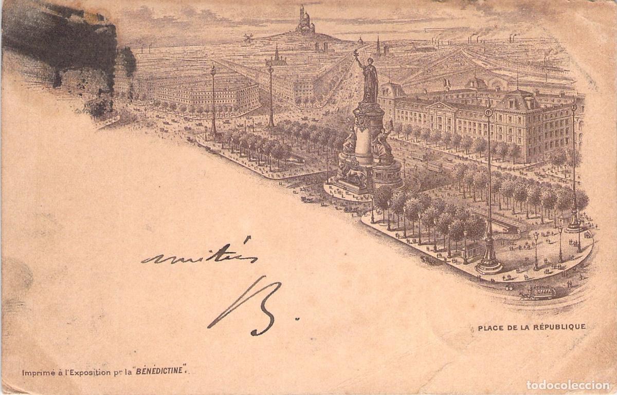 Postales: Postal de la Place de la R&eacute;publique en Par&iacute;s con publicidad de B&eacute;n&eacute;dictine