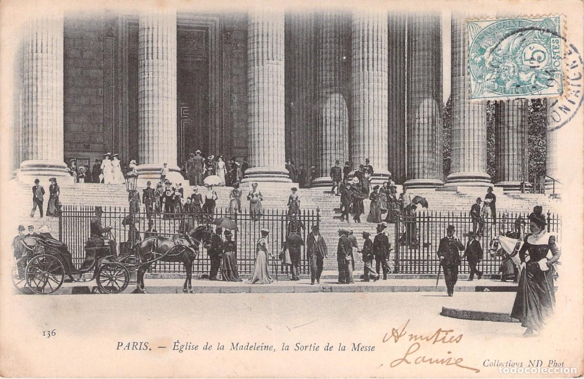 Postales: Postal de la Iglesia de la Madeleine en Par&iacute;s, gente saliendo de misa