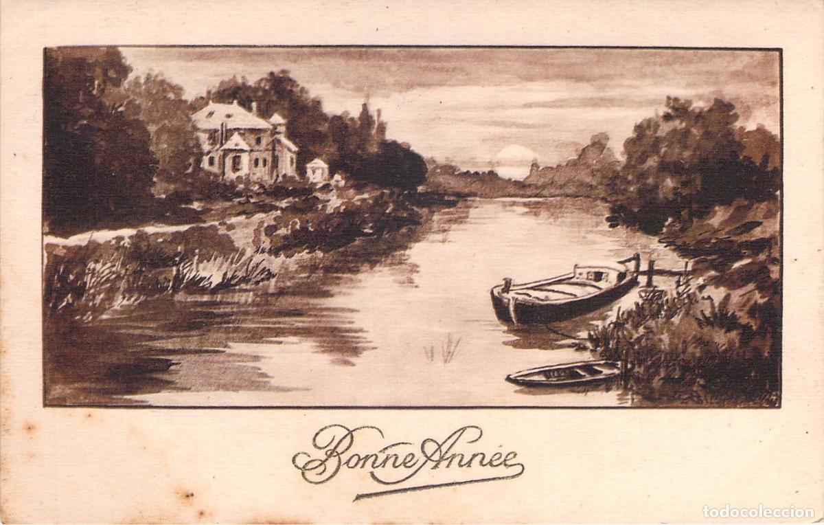 Postales: Postal de felicitaci&oacute;n de A&ntilde;o Nuevo con paisaje fluvial en Francia