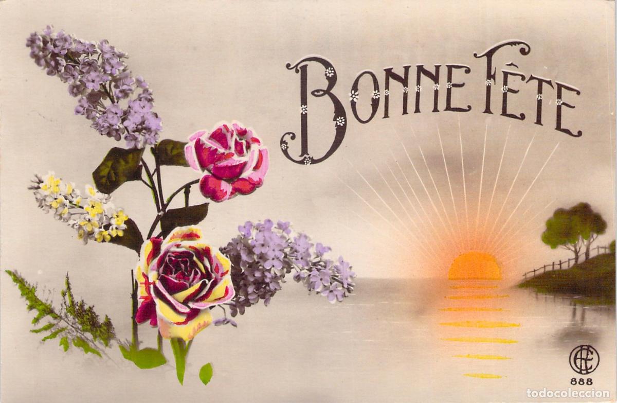 Postales: Postal de felicitaci&oacute;n con flores y atardecer