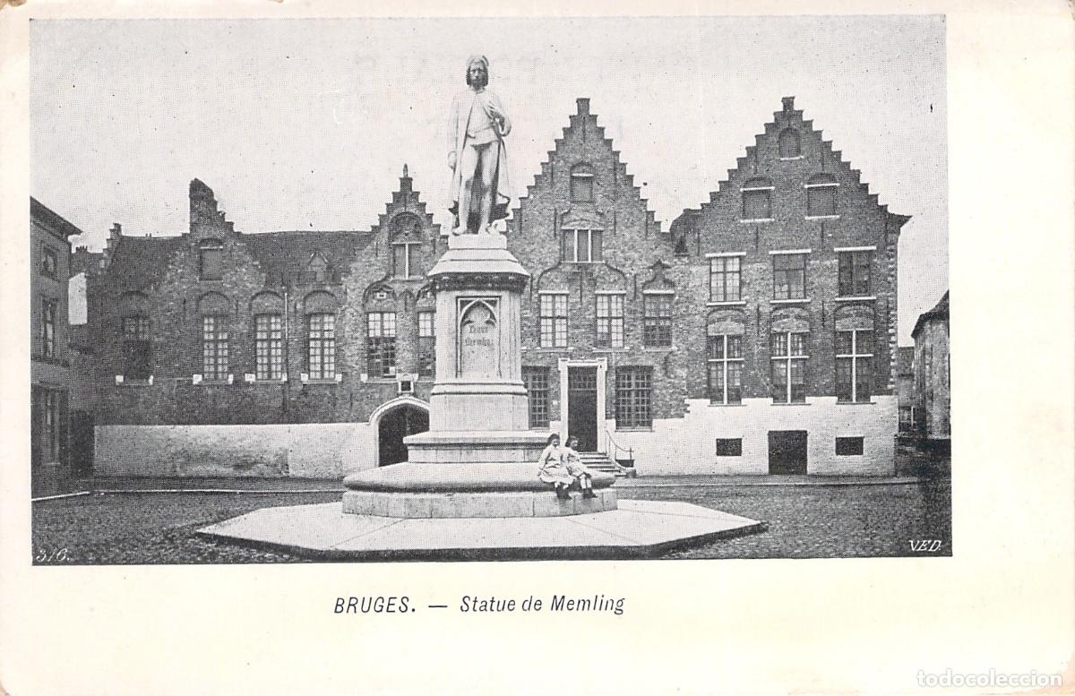 Postales: Postal de Brujas con la estatua de Hans Memling