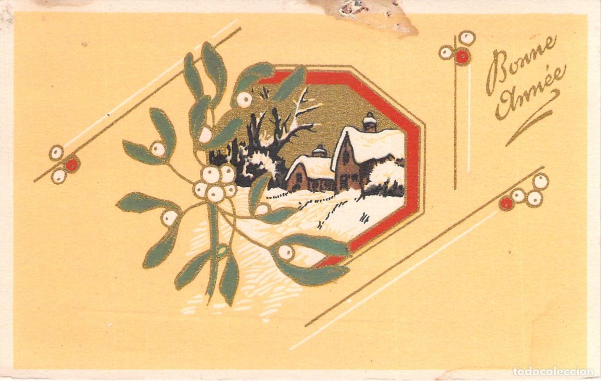 Postales: Postal de Feliz A&ntilde;o Nuevo con ilustraci&oacute;n de mu&eacute;rdago