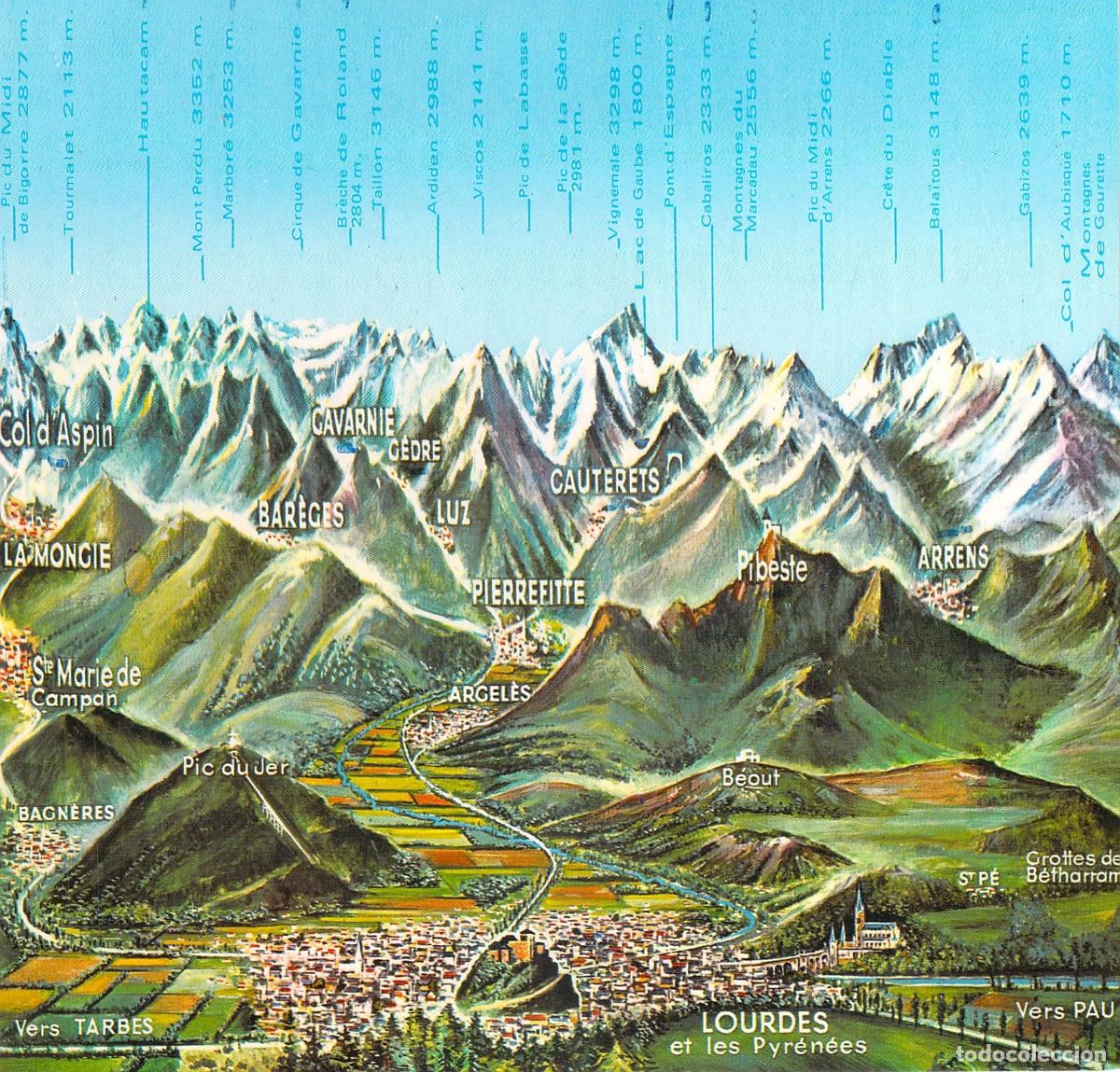 Postales: Postal de Lourdes y los Pirineos con mapa panor&aacute;mico de monta&ntilde;as
