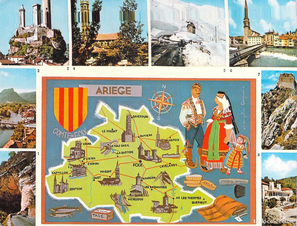 Postales: Postal de la regi&oacute;n de Ari&egrave;ge en Francia con mapa y paisajes variados