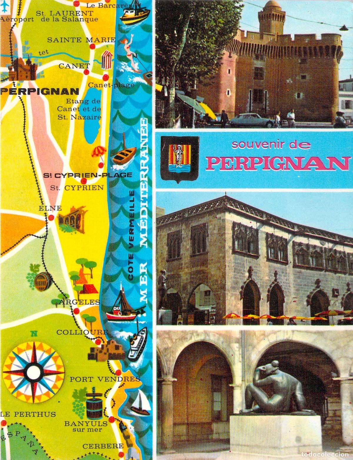 Postales: Postal de Perpignan Francia con monumentos y mapa de la zona