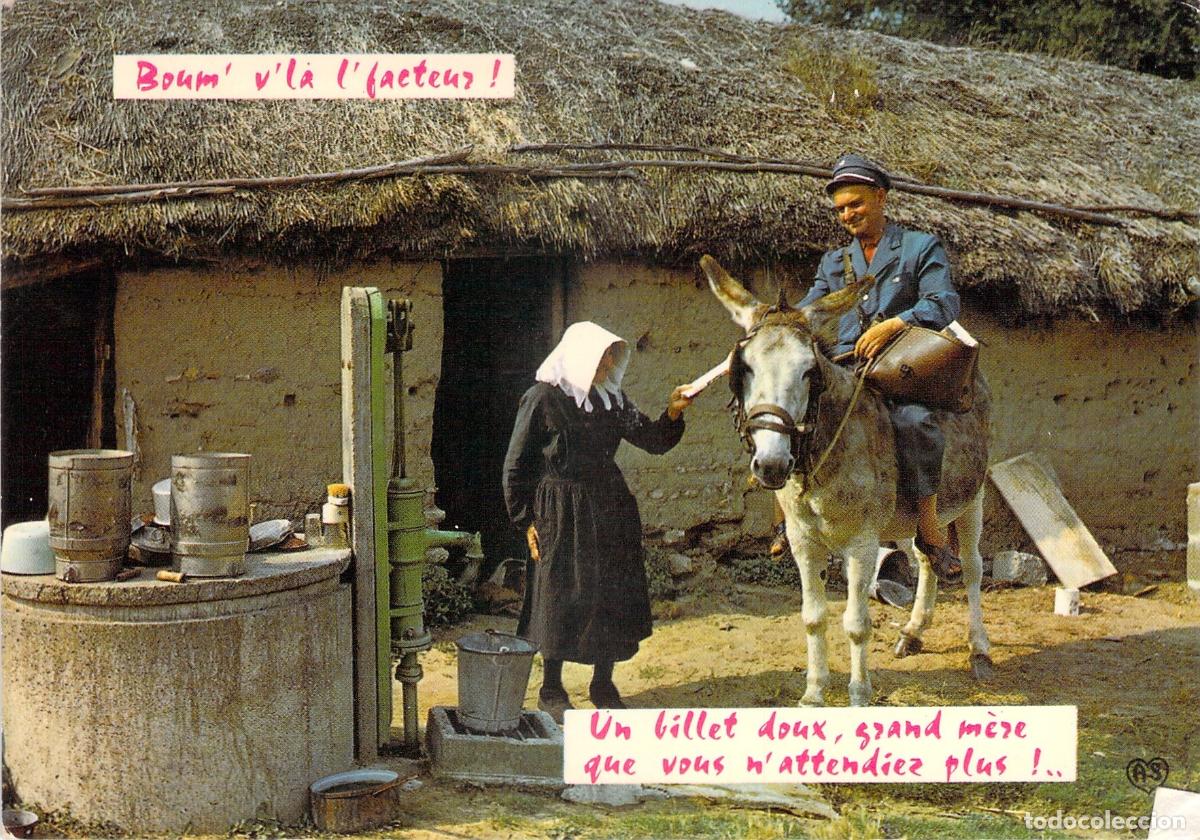 Postales: Postal con escena de cartero franc&eacute;s a lomos de un burro en entorno rural