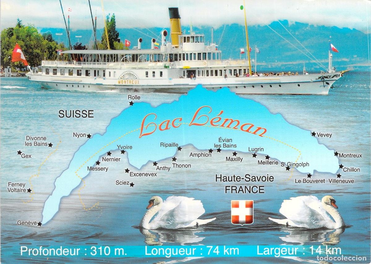 Postales: Postal del Lago Lem&aacute;n con Barco y Mapa Geogr&aacute;fico