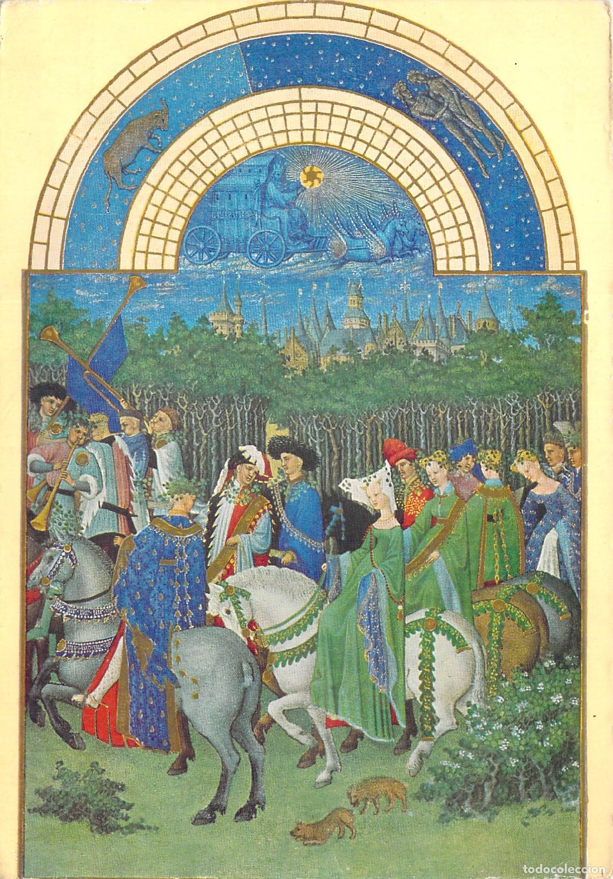 Postales: Postal de Les Tr&egrave;s Riches Heures du Duc de Berry, detalle de cabalgata