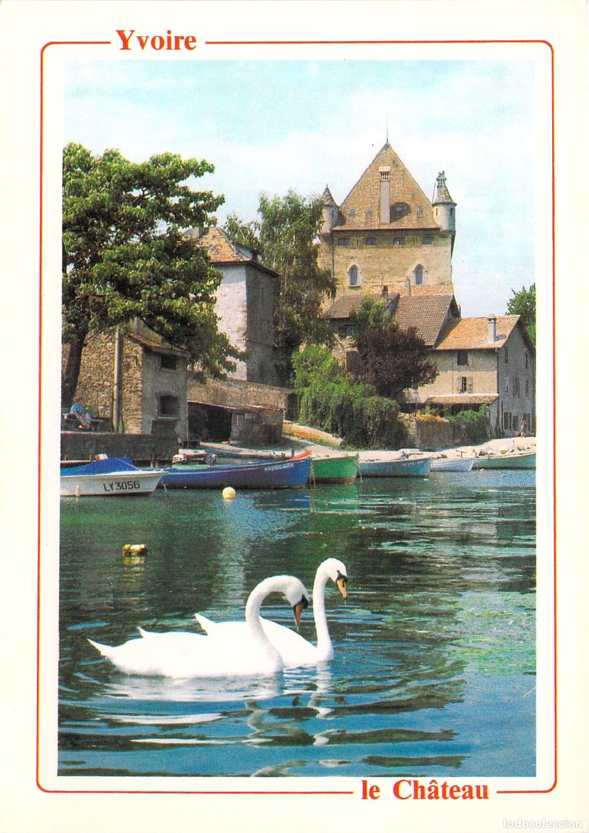 Postales: Postal de Yvoire con vista al castillo y cisnes en el Lago Leman