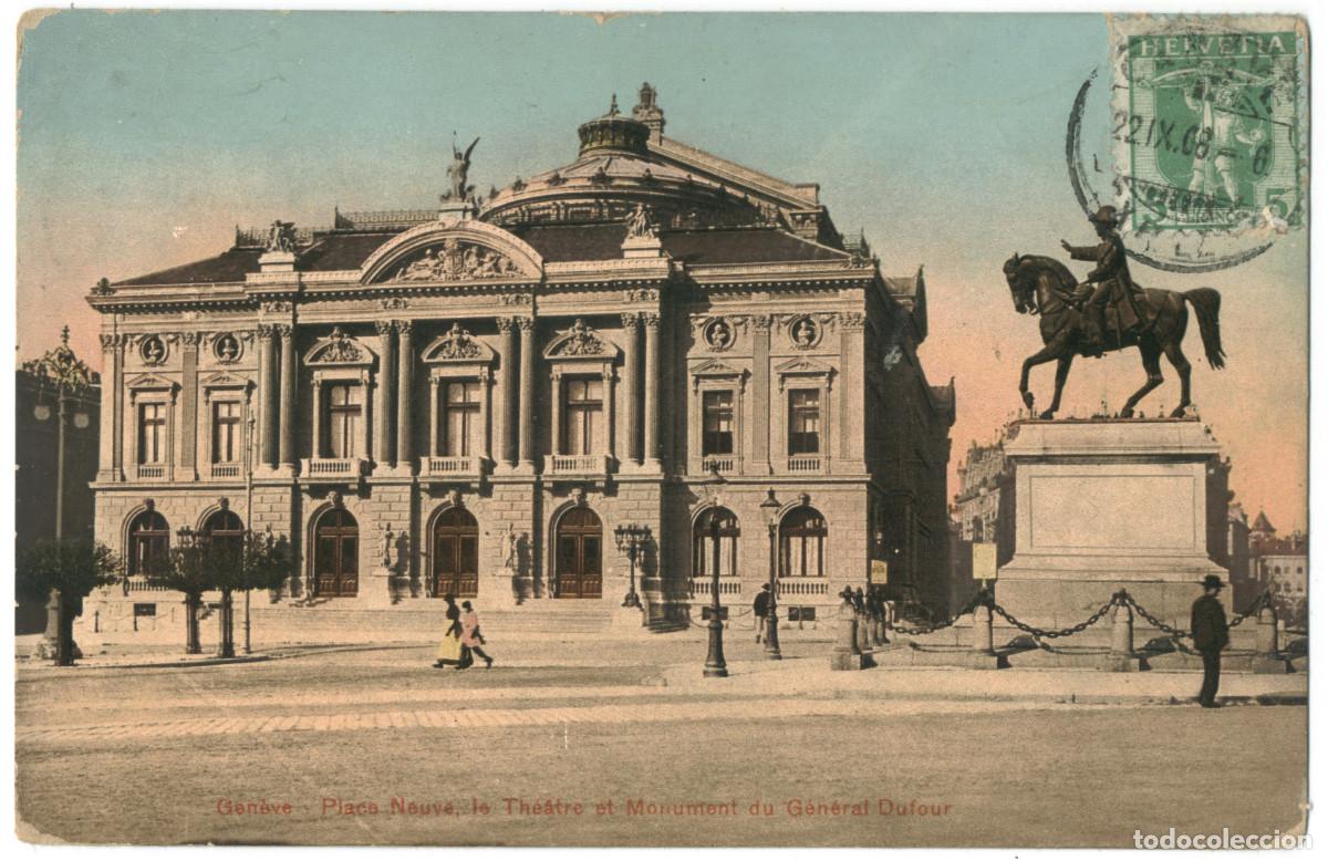 Postales: GEN&Egrave;VE_Place Neuve, le Th&eacute;&acirc;tre et monument du Gen&eacute;ral Dufour_Monopole / Teatros Suiza
