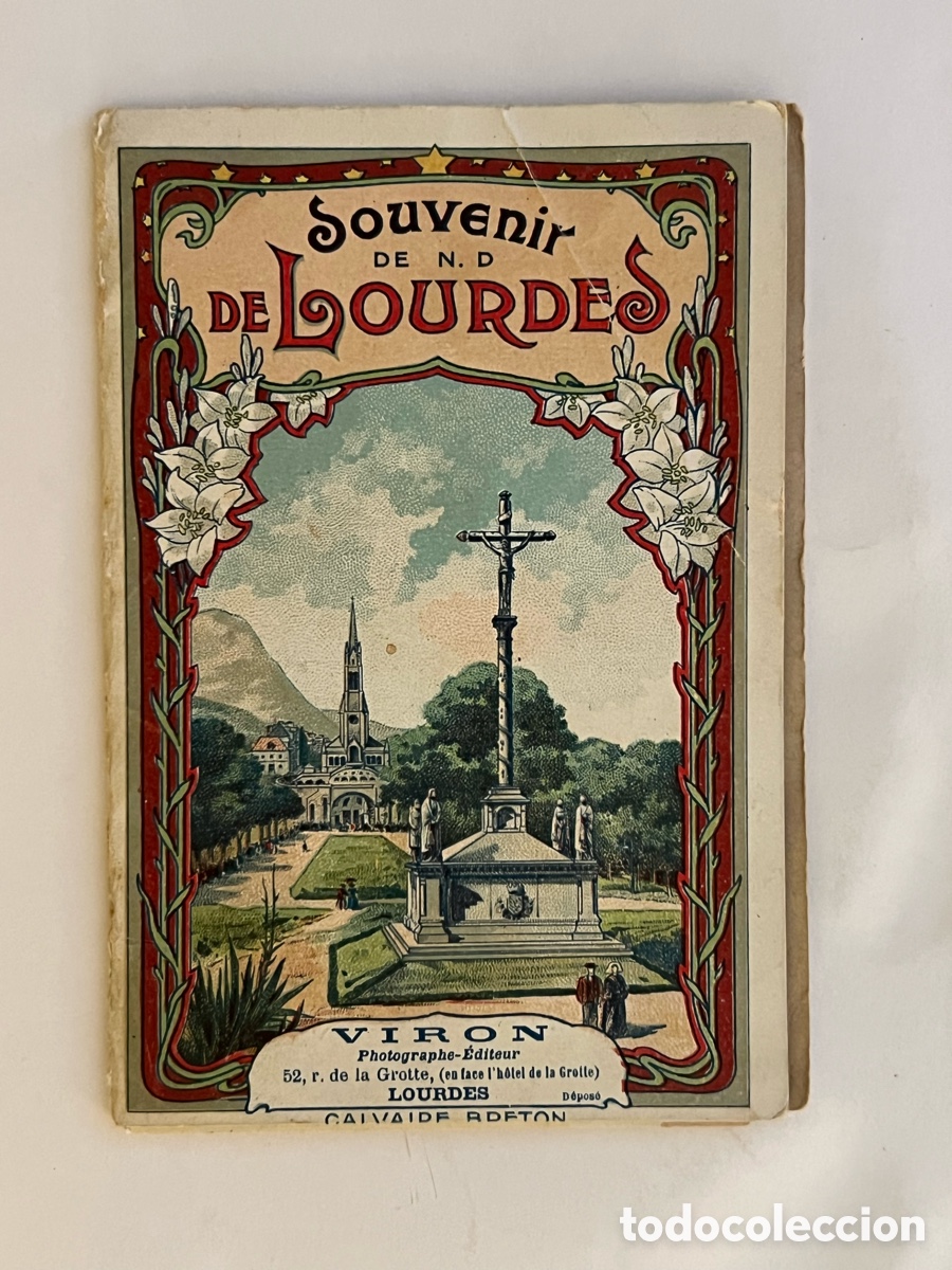 Postales: SOUVENIR DE LOURDES. Libro fotogr&aacute;fico VIRON. estilo Art Nouveau ilustrado con el Calvario Bret&oacute;n